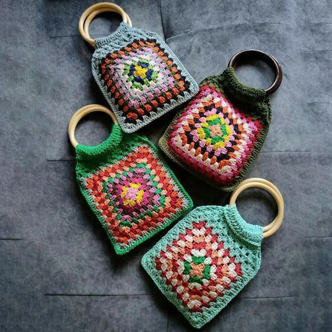 Hand-Crocheted Multicolor Pouch with Wooden Ring Handles (1 Piece)