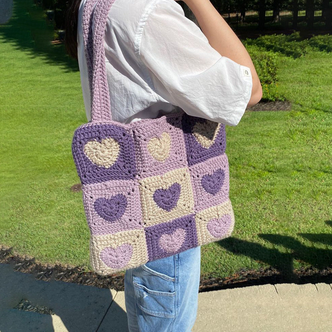 Hand-Crocheted Heart Tote Square Bag – Purple Shades