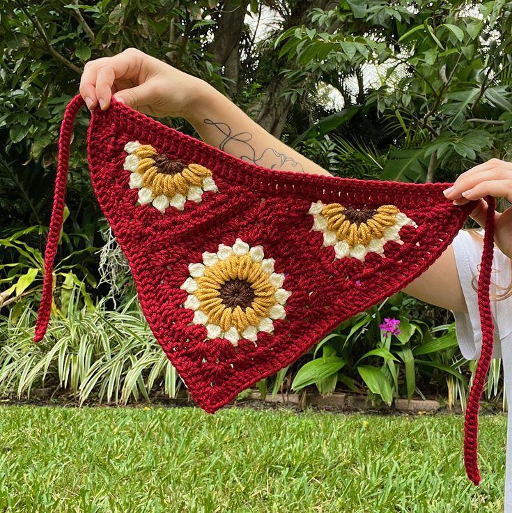 Hand-Crocheted Sunflower Head Bandanna for Women - Red