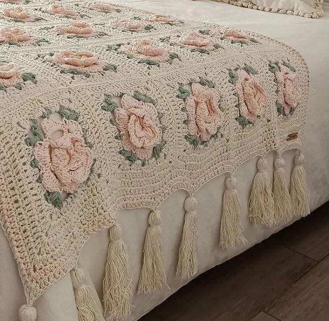 Bed Throw with Flowers & Tassels on Two Sides