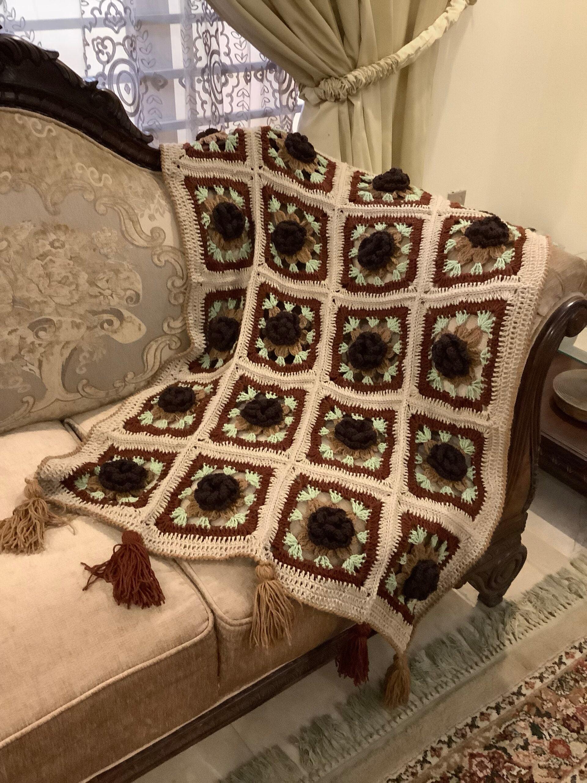 Bed Runner / Sofa Throw -  with Dark Brown flowers