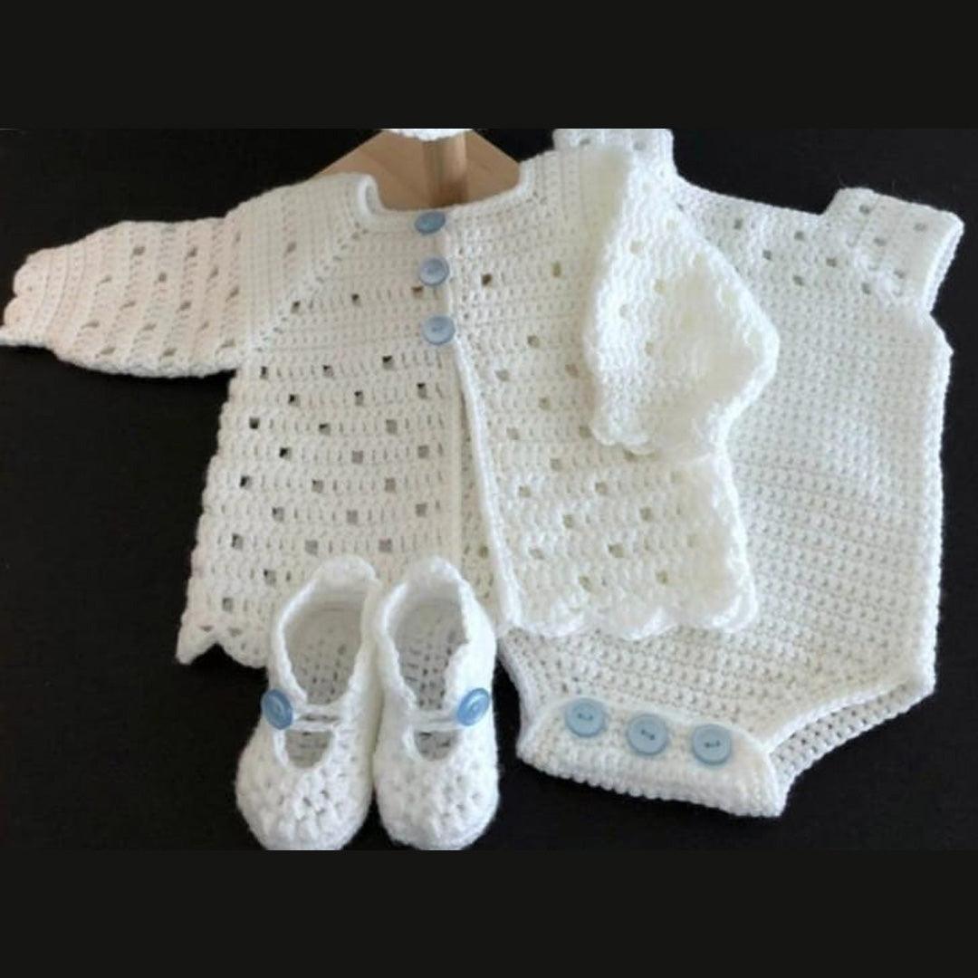 White Hand-Crocheted Wool Set for Girls (0-6 Months)