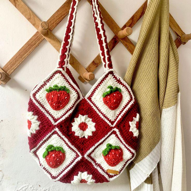 Hand-Crocheted Strawberry Tote Handbag