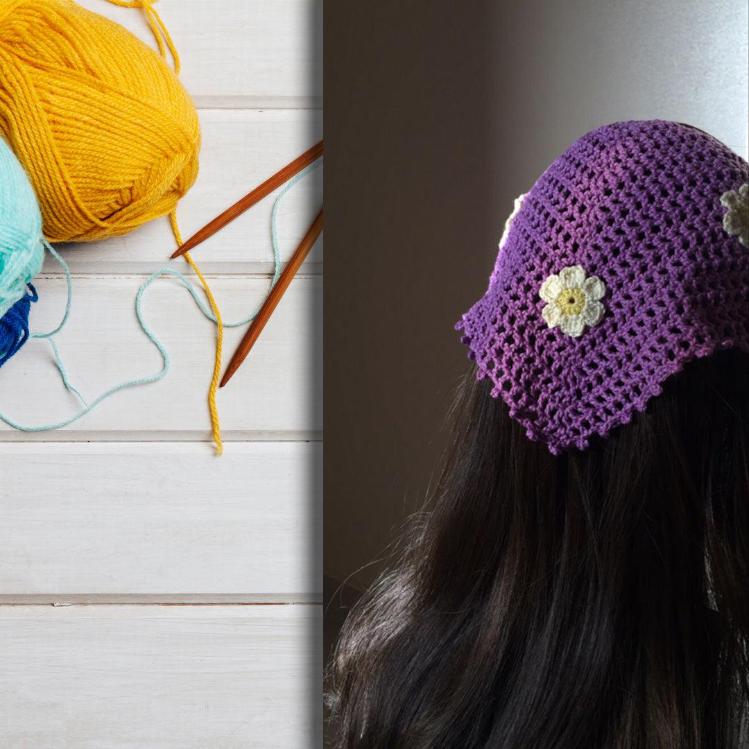 Hand-Crocheted Purple Head Bandanna for Women with Daisy Flowers